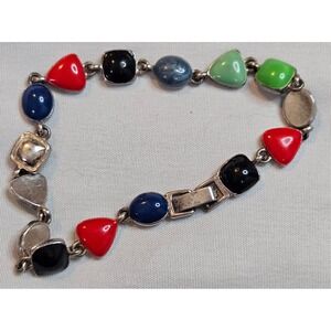 Vintage Silver Tone Multi Color Geometric Enamel Link Bracelet 7.5 Inch